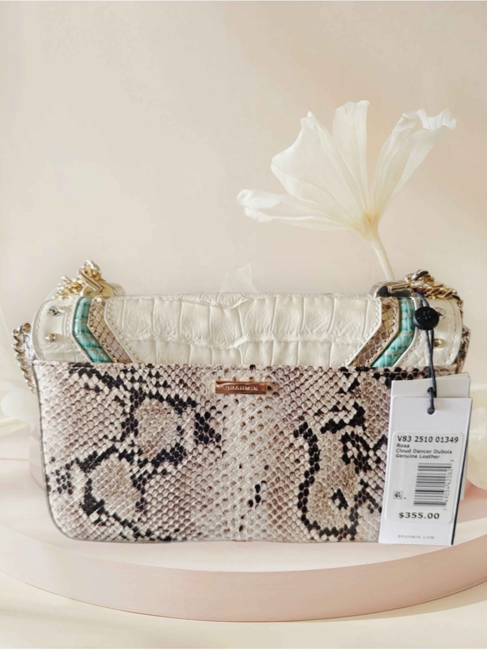 Brahmin NWT Leather Cream Croc-Embossed Convertible Bag w Teal & Brown Accents - Picture 2 of 15